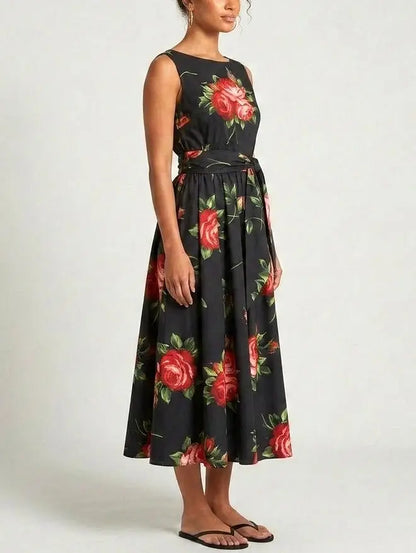 Black Floral Sleeveless Flared Midi Dress - Dresses