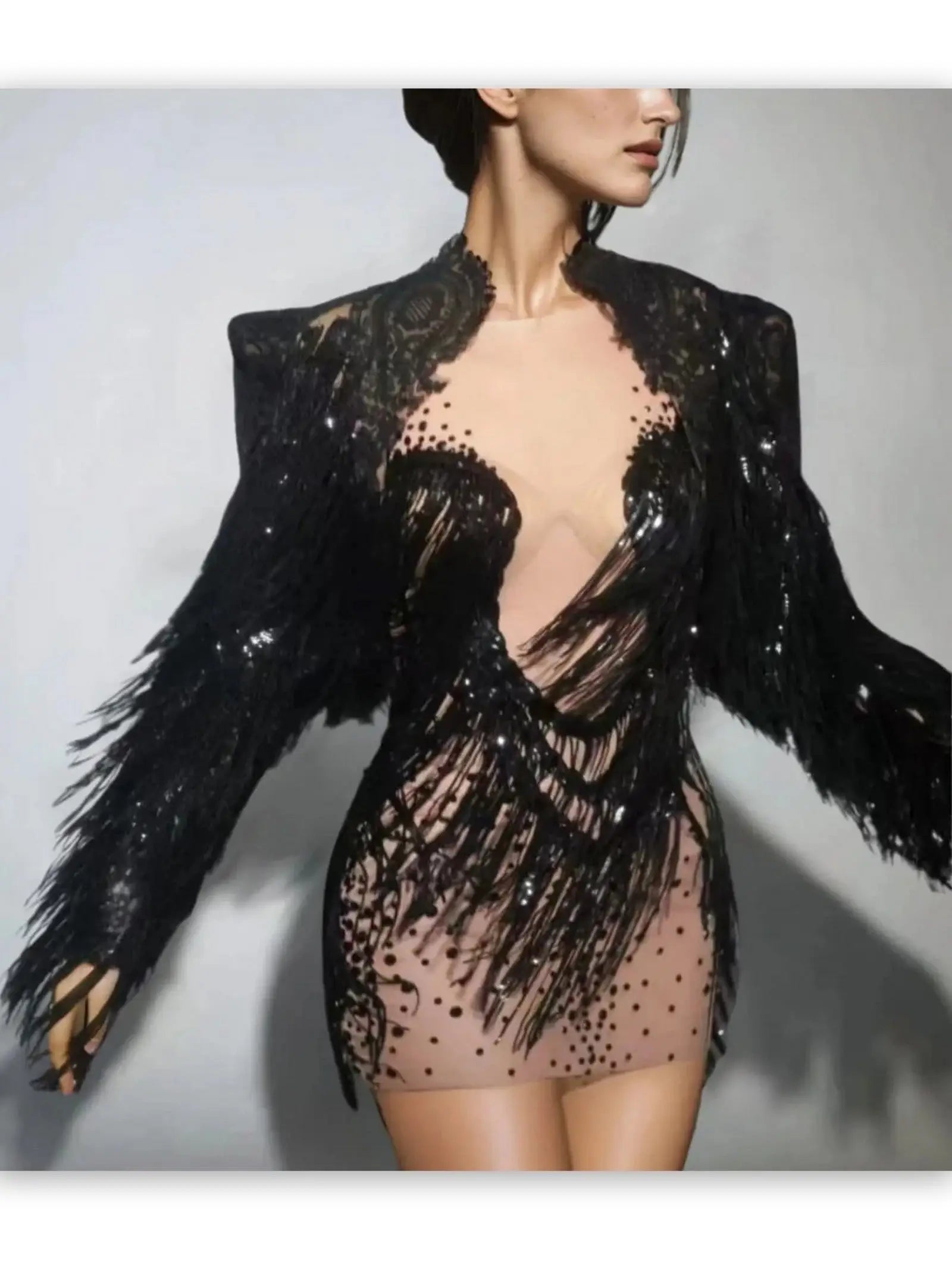 Black Fringed Embellished Jacket and Dress Set - Suits & Sets