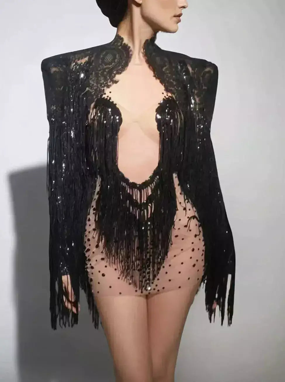 Black Fringed Embellished Jacket and Dress Set - Suits & Sets
