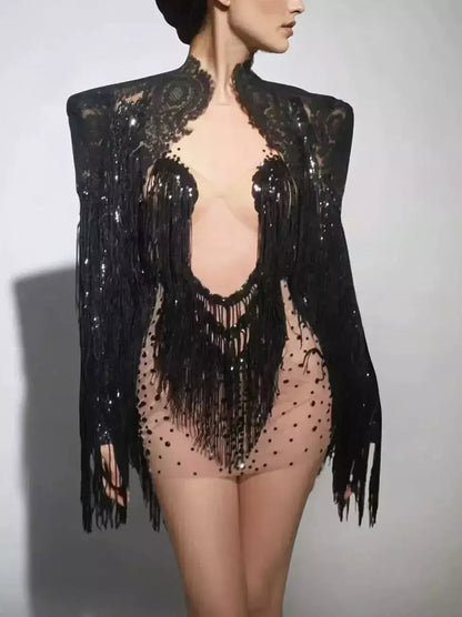 Black Fringed Embellished Jacket and Dress Set - Suits & Sets