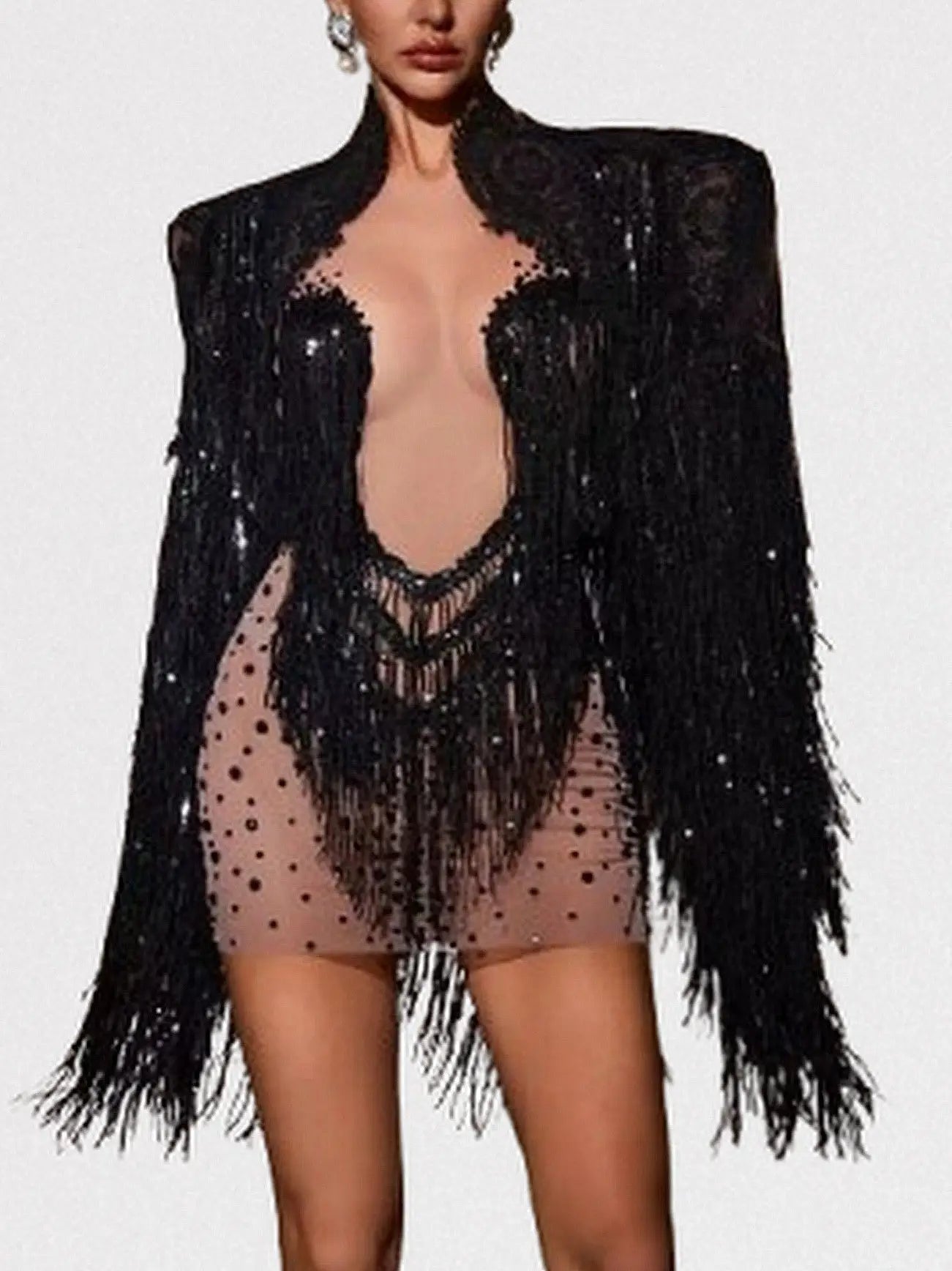 Black Fringed Embellished Jacket and Dress Set - Suits & Sets