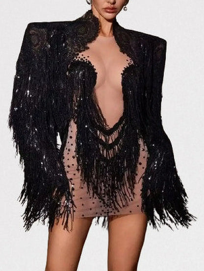 Black Fringed Embellished Jacket and Dress Set - S - Suits & Sets