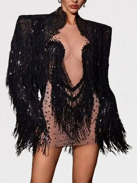 Black Fringed Embellished Jacket and Dress Set - S - Suits & Sets