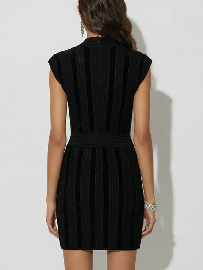 Black Glitter Knit Deep V-Neck Mini Dress - Dresses