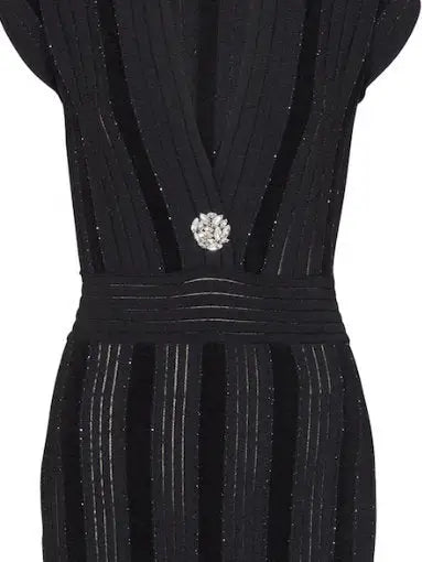 Black Glitter Knit Deep V-Neck Mini Dress - Dresses