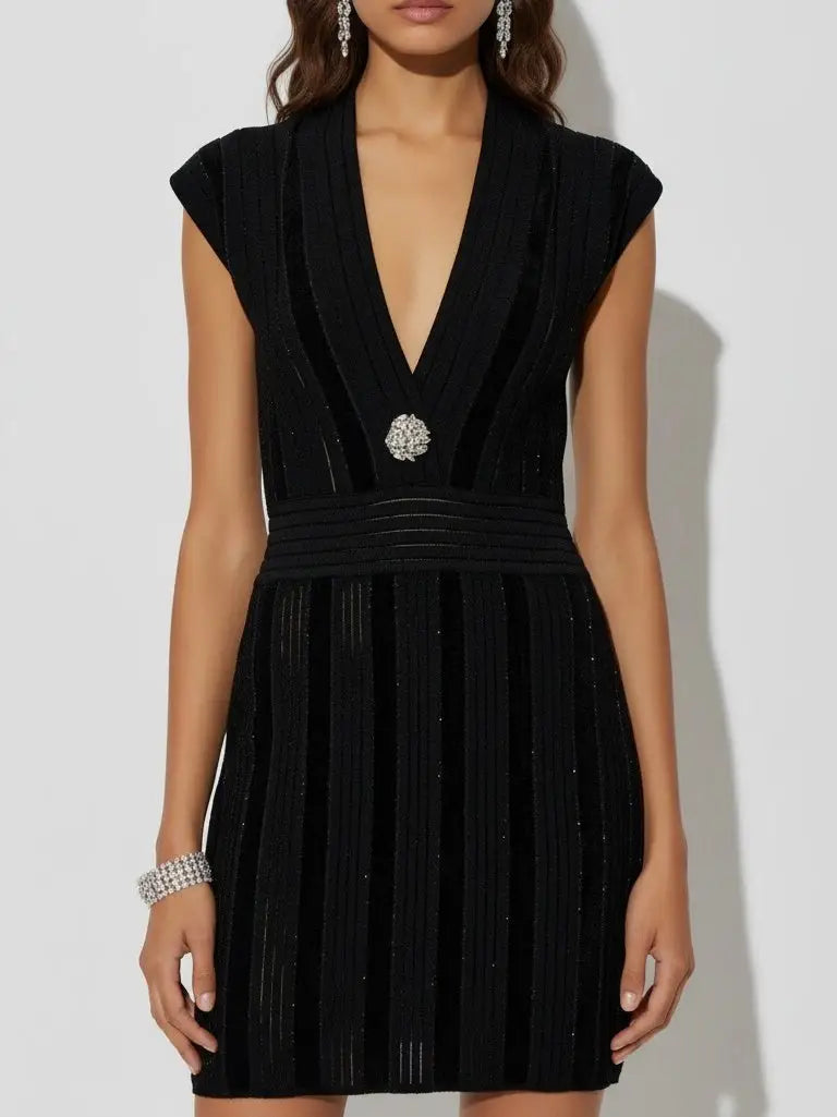 Black Glitter Knit Deep V-Neck Mini Dress - Dresses
