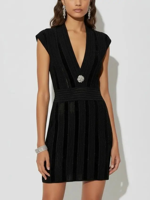 Black Glitter Knit Deep V-Neck Mini Dress - Dresses