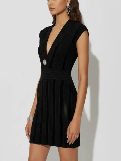 Black Glitter Knit Deep V-Neck Mini Dress - Dresses