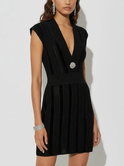 Black Glitter Knit Deep V-Neck Mini Dress - Dresses