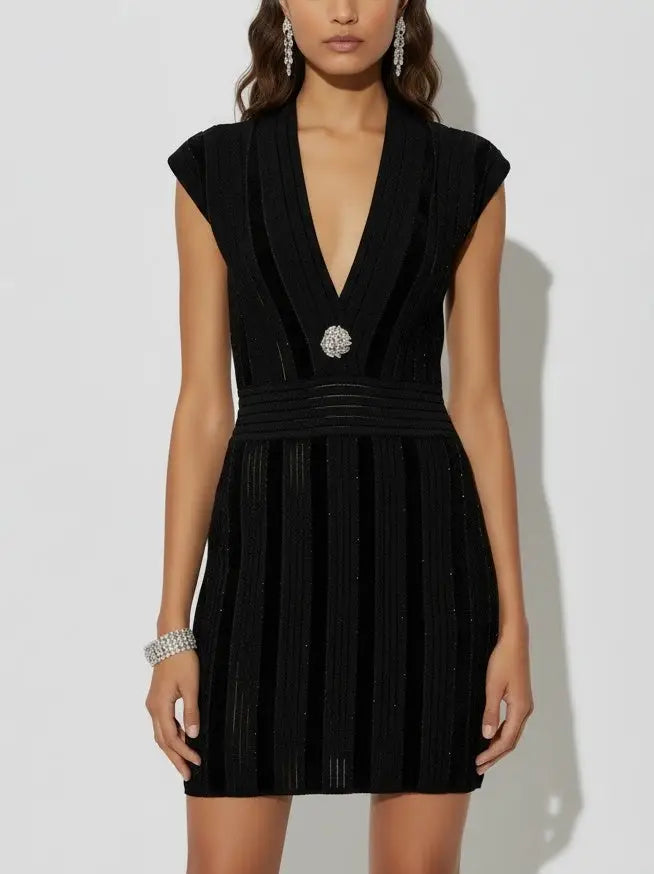 Black Glitter Knit Deep V-Neck Mini Dress - Dresses