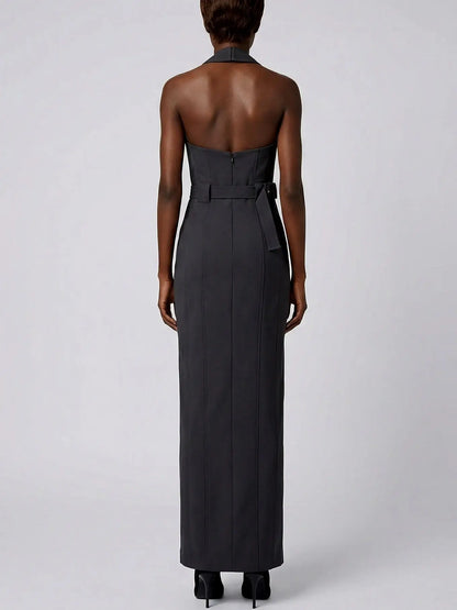 Black Halter Belted Maxi Dress - Dresses