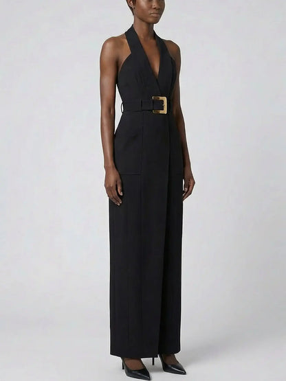 Black Halter Belted Maxi Dress - Dresses