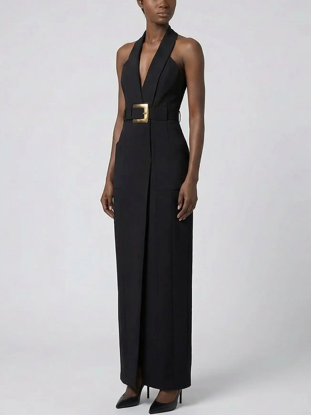 Black Halter Belted Maxi Dress - Dresses