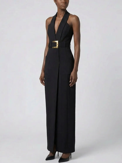 Black Halter Belted Maxi Dress - Dresses