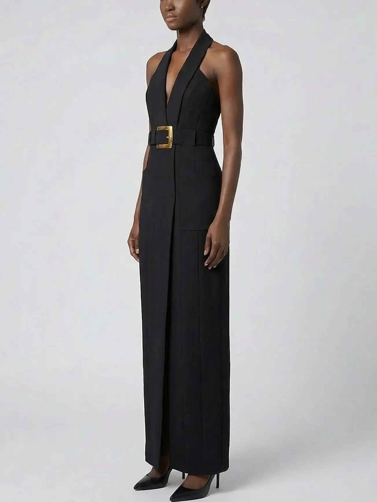 Black Halter Belted Maxi Dress - Dresses