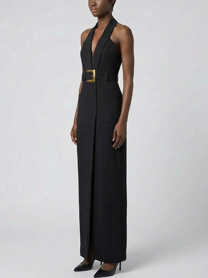 Black Halter Belted Maxi Dress - Dresses