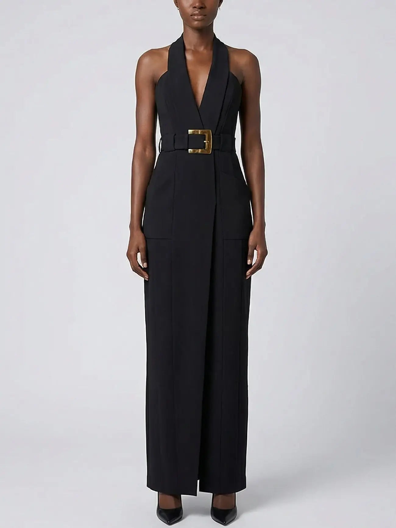 Black Halter Belted Maxi Dress - Dresses