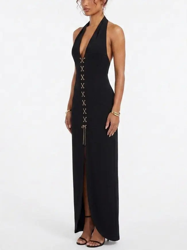 Black Halter Neck Lace Up Maxi Dress - Dresses