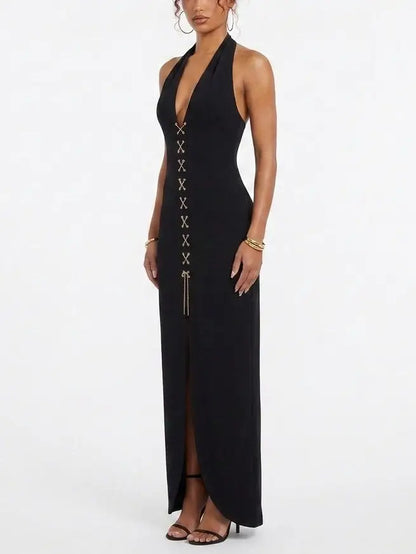 Black Halter Neck Lace Up Maxi Dress - Dresses
