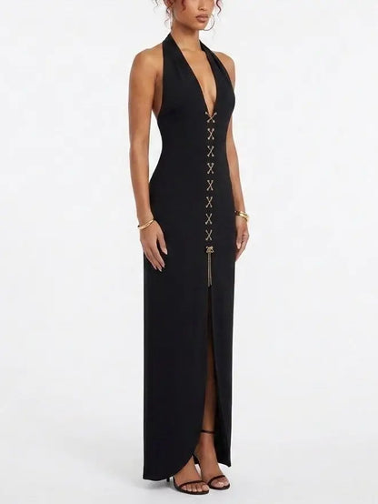 Black Halter Neck Lace Up Maxi Dress - Dresses