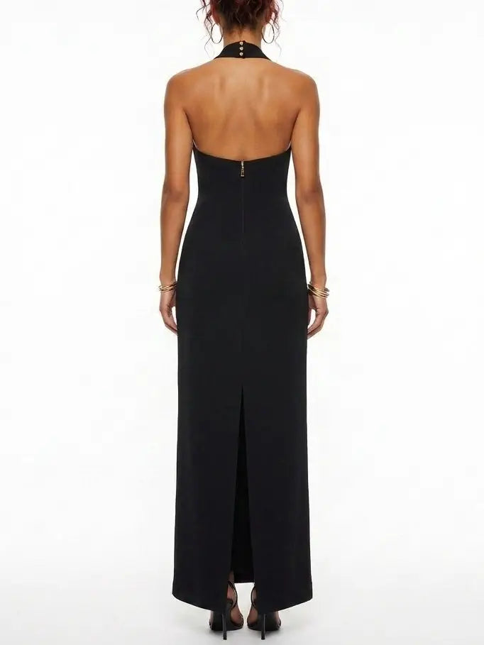 Black Halter Neck Lace Up Maxi Dress - Dresses
