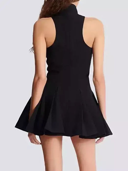Black Halterneck Flared Mini Dress with Gold Zip - Dresses