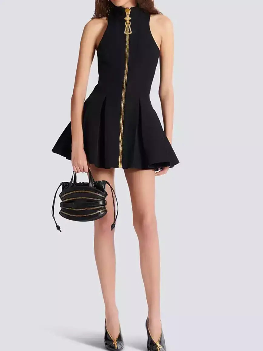 Black Halterneck Flared Mini Dress with Gold Zip - Dresses