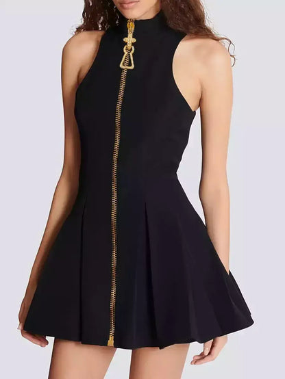 Black Halterneck Flared Mini Dress with Gold Zip - Dresses