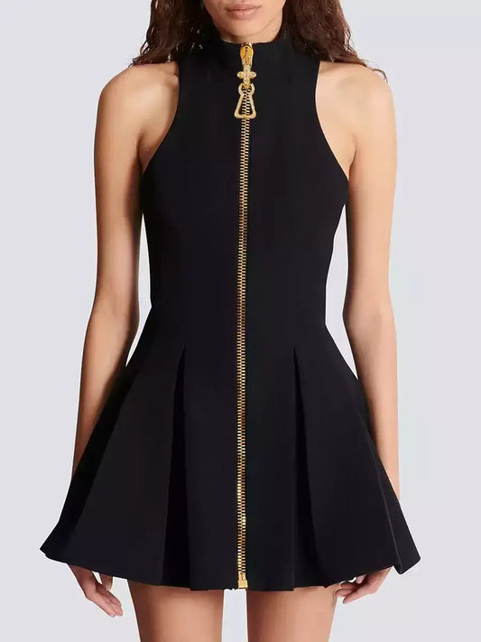 Black Halterneck Flared Mini Dress with Gold Zip - Small - Dresses