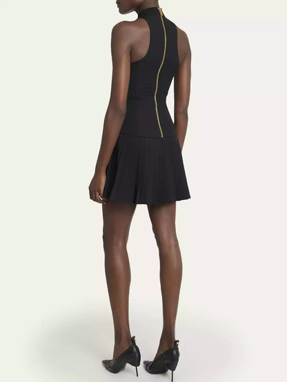 Black Halterneck Pleated Mini Dress with Gold Buckle - Dresses