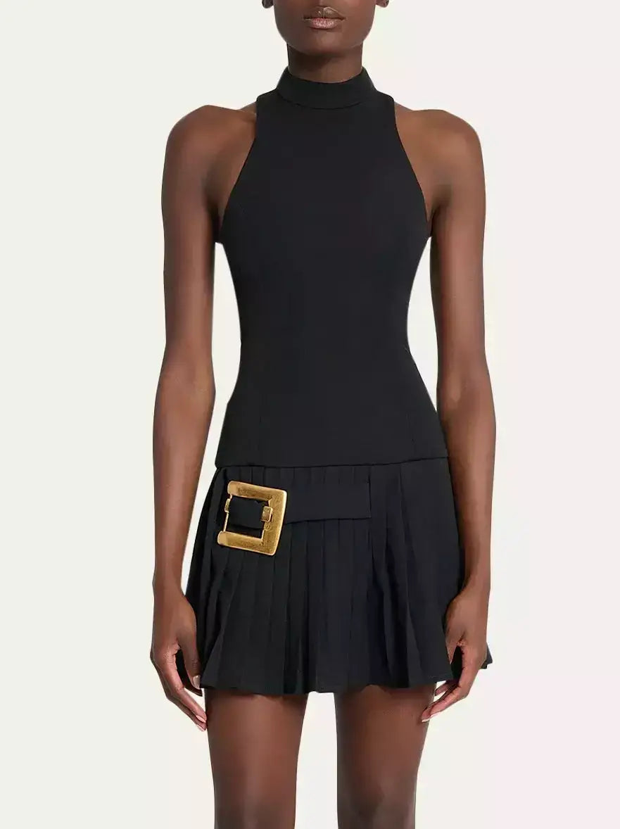 Black Halterneck Pleated Mini Dress with Gold Buckle - Dresses