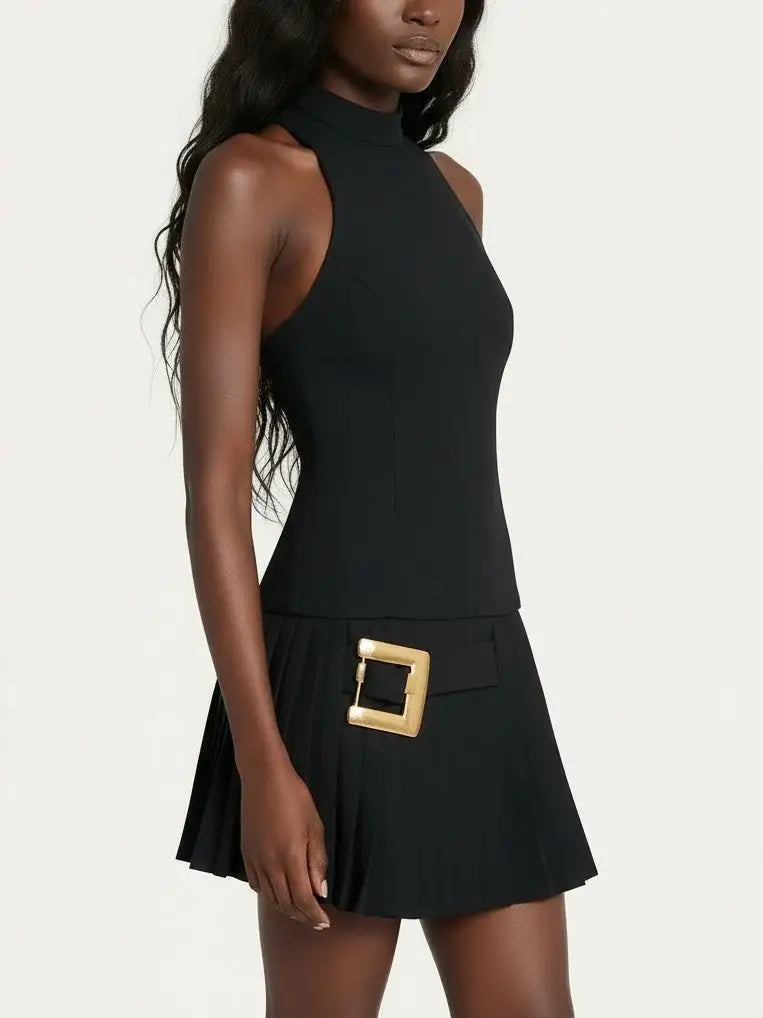 Black Halterneck Pleated Mini Dress with Gold Buckle - Dresses