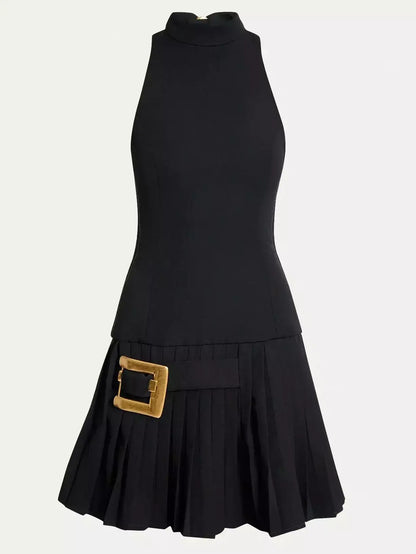 Black Halterneck Pleated Mini Dress with Gold Buckle - Dresses