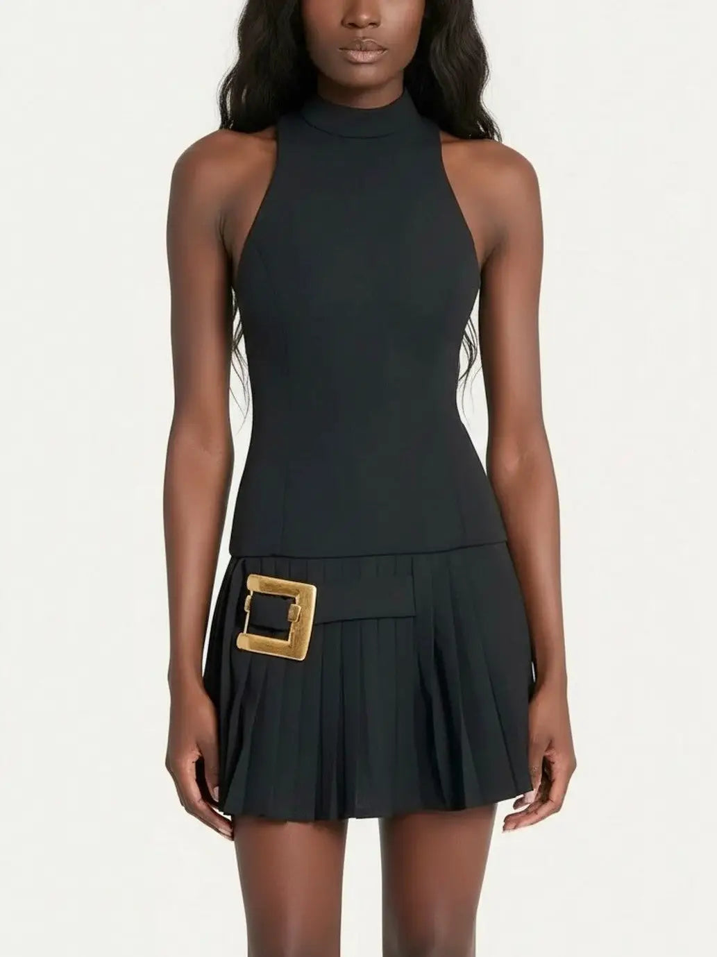 Black Halterneck Pleated Mini Dress with Gold Buckle - Dresses