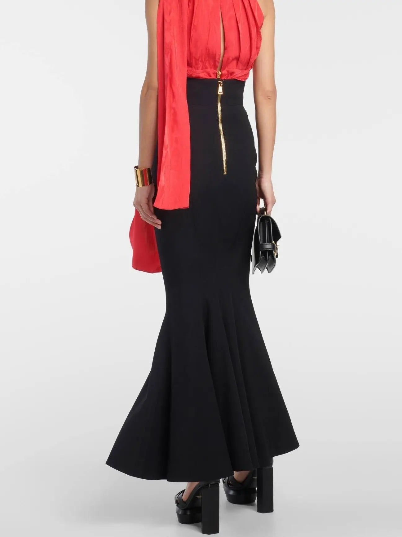 Black High-Waist Gold-Buttoned Maxi Skirt - Skirts