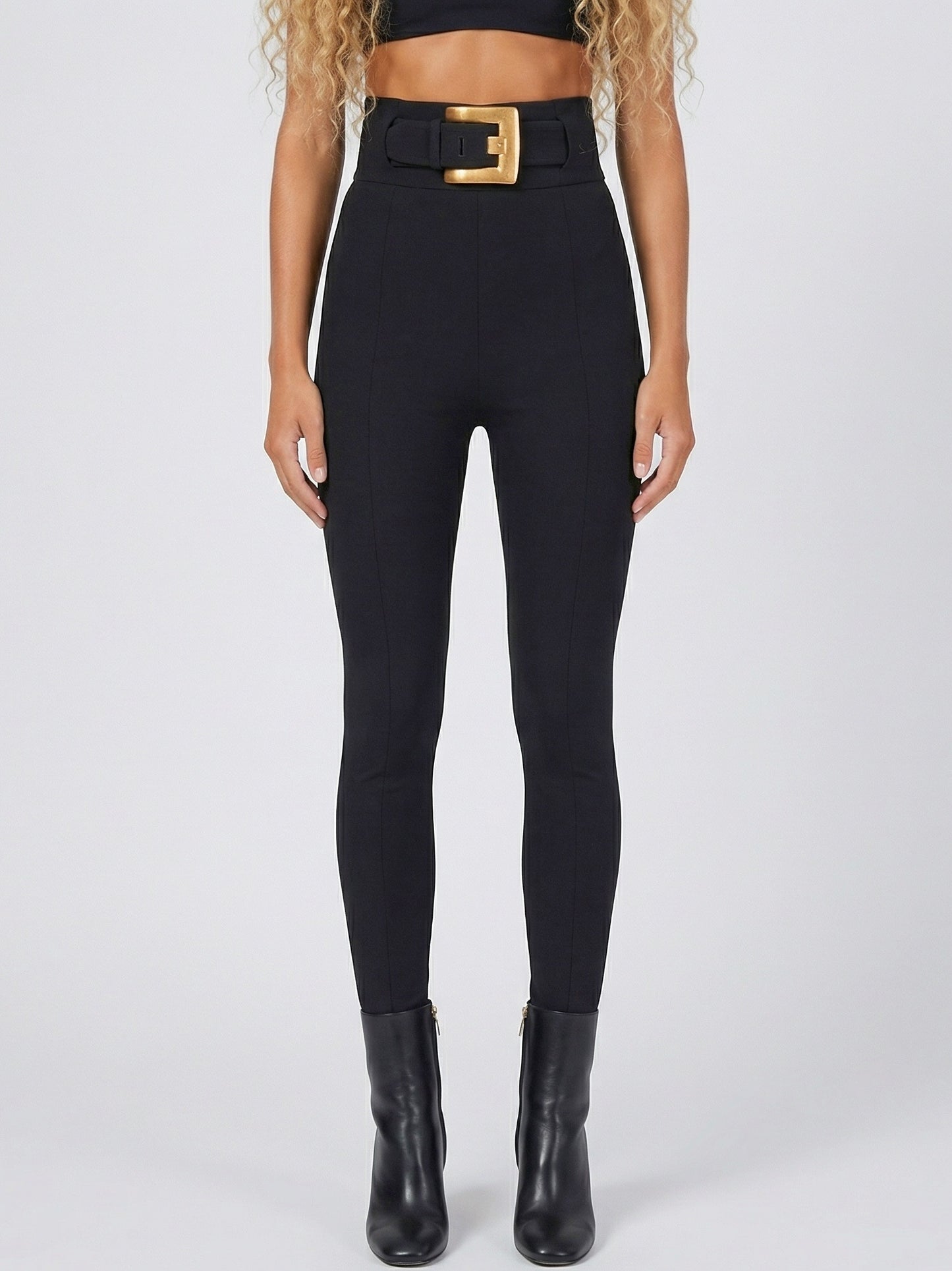 Black High-Waisted Belted Stretch Pants - Jeans & Pants