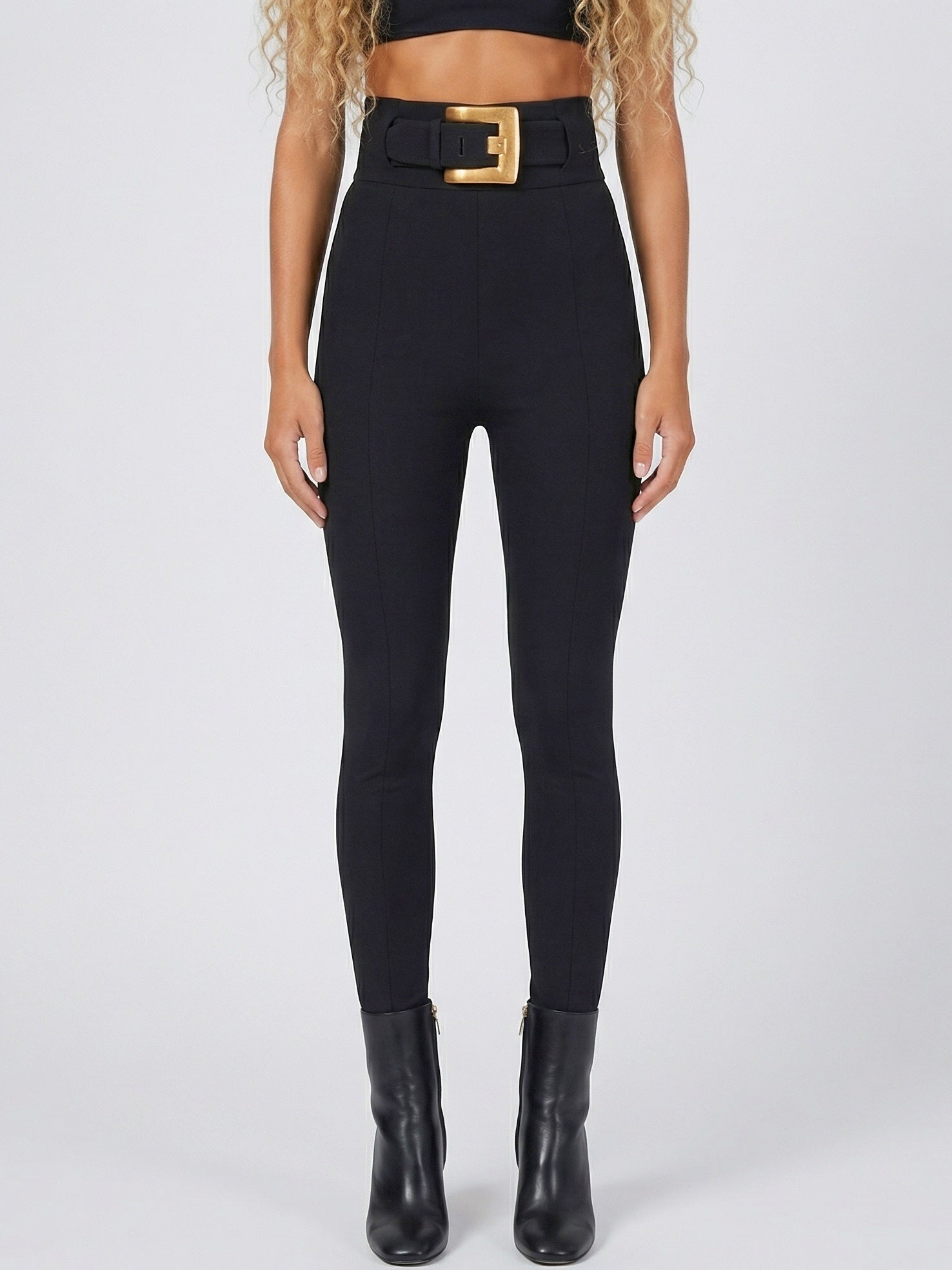 Black High-Waisted Belted Stretch Pants - Jeans & Pants