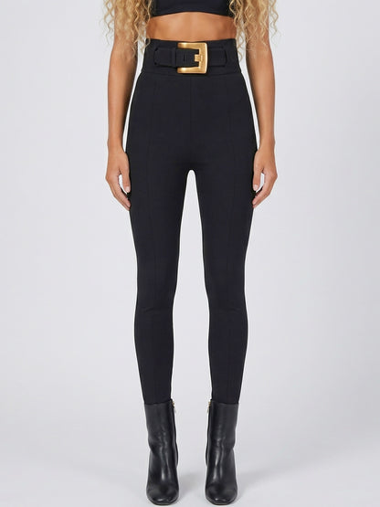 Black High-Waisted Belted Stretch Pants - Jeans & Pants