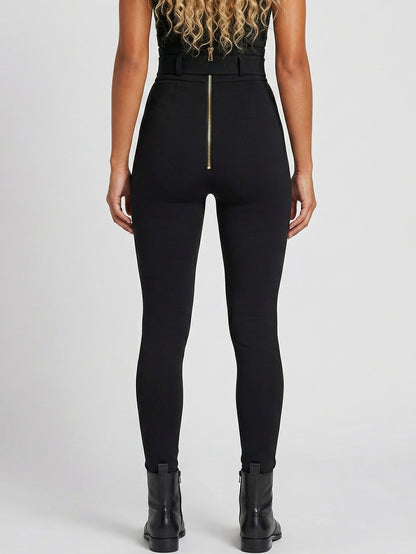 Black High-Waisted Belted Stretch Pants - Jeans & Pants