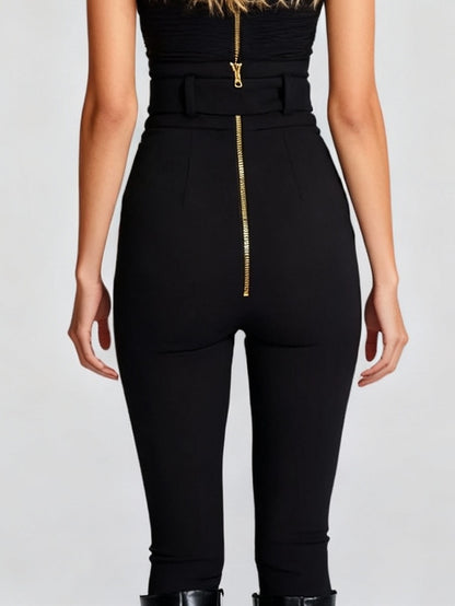 Black High-Waisted Belted Stretch Pants - Jeans & Pants