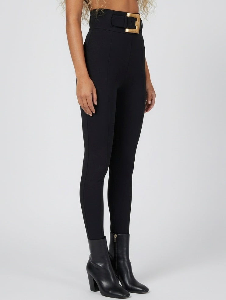 Black High-Waisted Belted Stretch Pants - Jeans & Pants