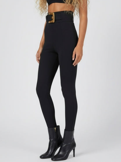 Black High-Waisted Belted Stretch Pants - Jeans & Pants
