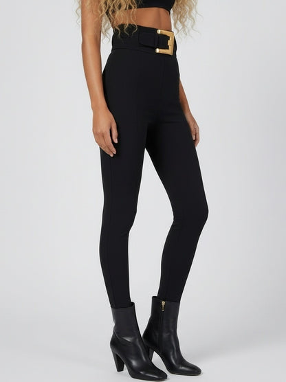 Black High-Waisted Belted Stretch Pants - Jeans & Pants