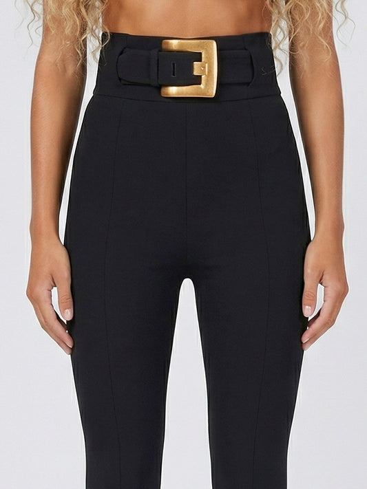 Black High-Waisted Belted Stretch Pants - Jeans & Pants