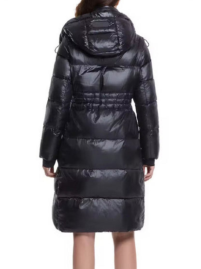 Black Hooded Down Coat with Gold Details - Coats