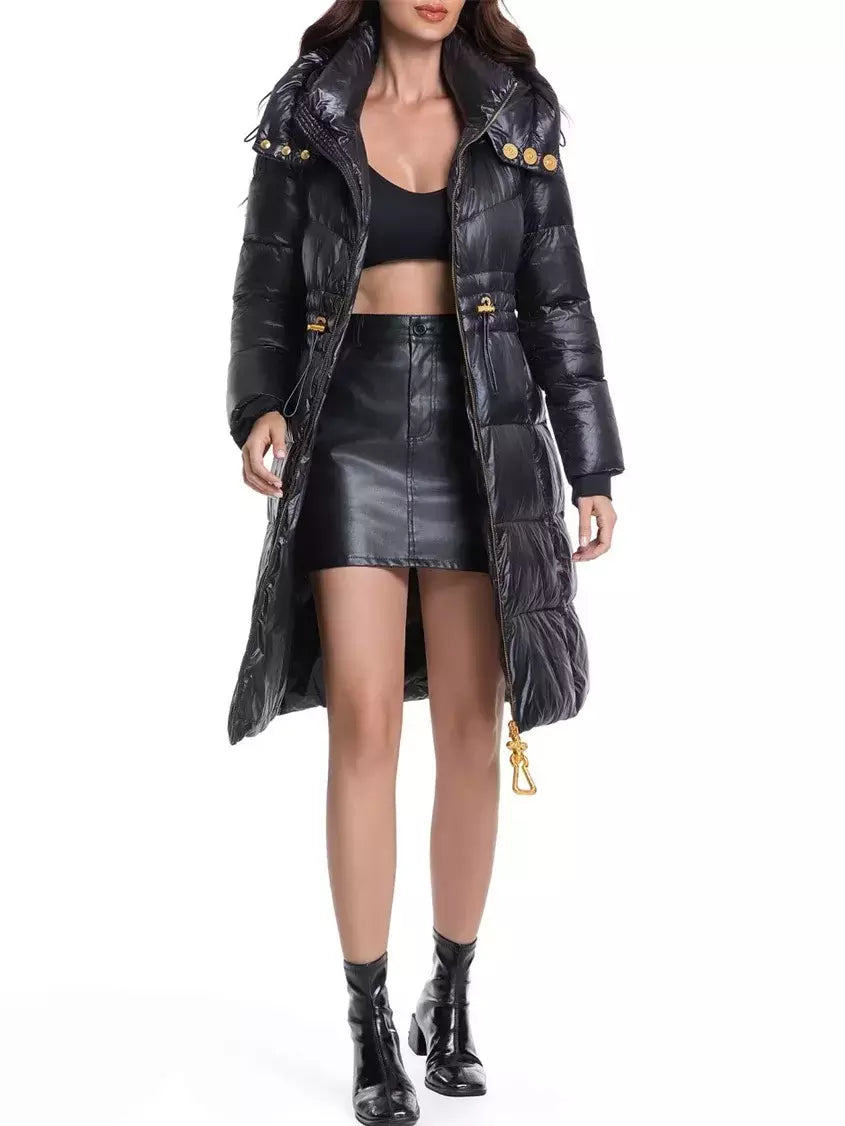 Black Hooded Down Coat with Gold Details - Coats