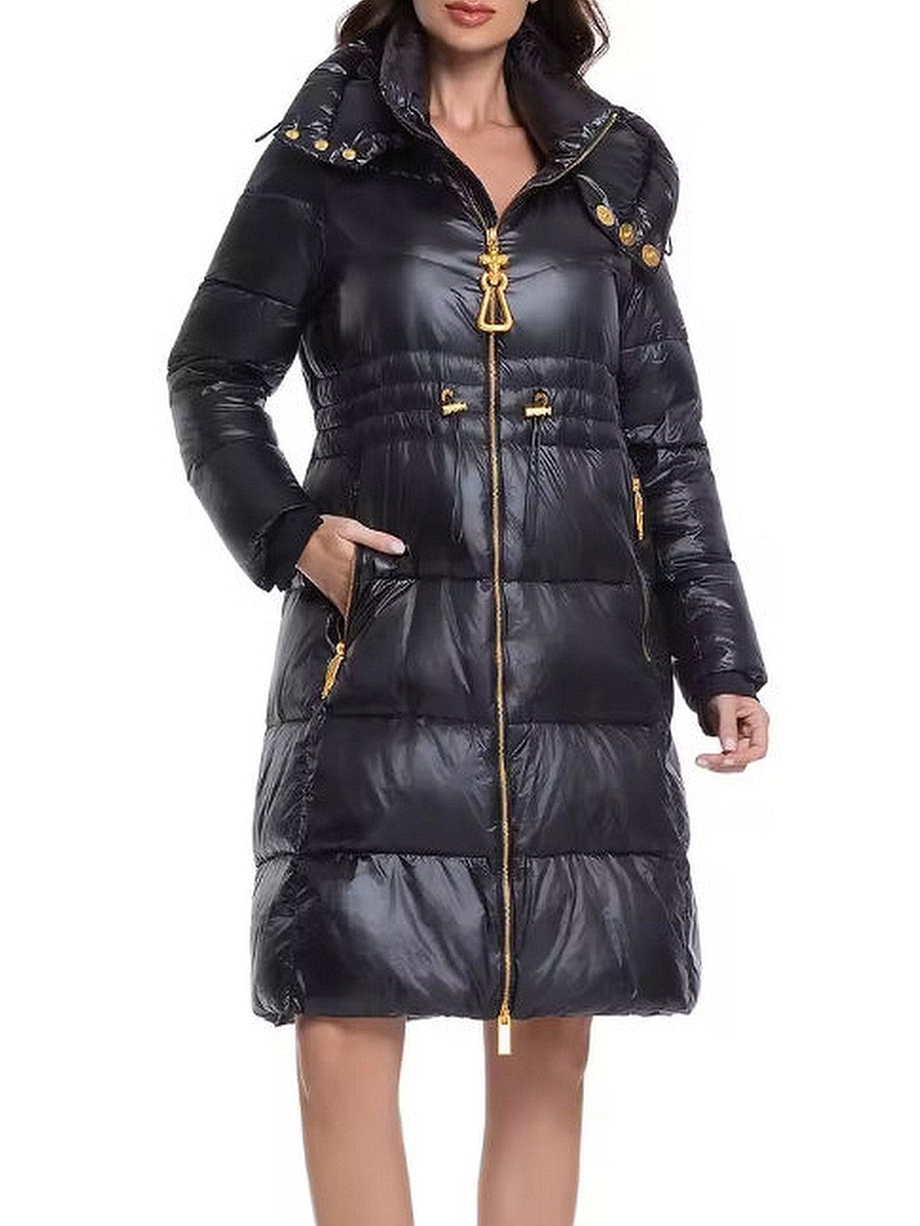 Black Hooded Down Coat with Gold Details - Coats