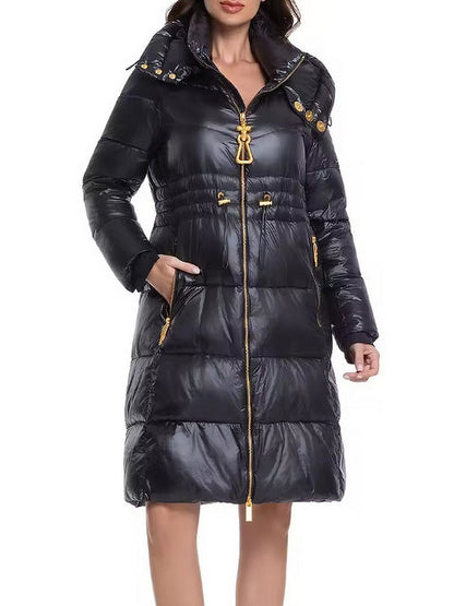 Black Hooded Down Coat with Gold Details - Coats