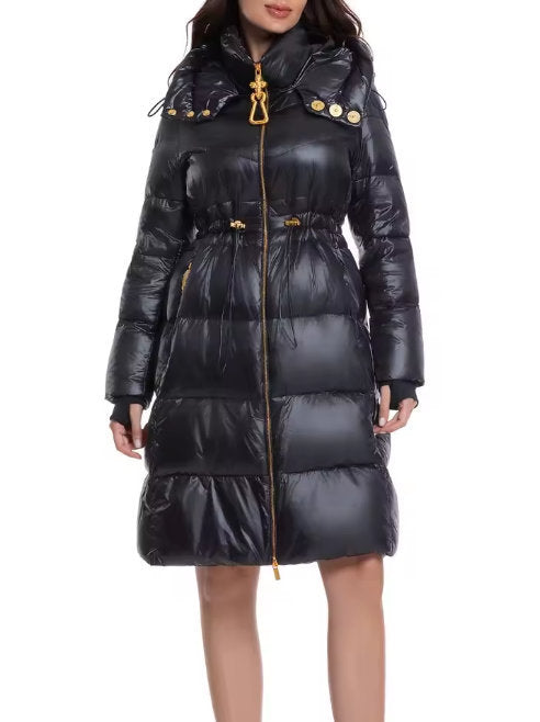 Black Hooded Down Coat with Gold Details - Coats