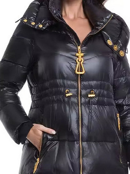 Black Hooded Down Coat with Gold Details - Coats